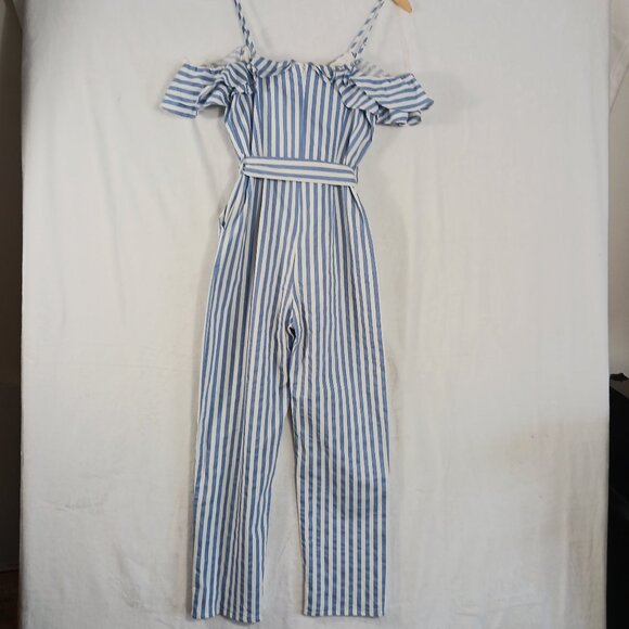 Main Strip, Blue & White Stripe, Off Shoulder Jumpsuit, Spaghetti Straps, Medium - Picture 8 of 14